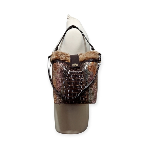 Brahmin Shira Genuine Shearling Croc Embossed Leather Bucket Shoulder Bag EUC - Picture 6 of 13